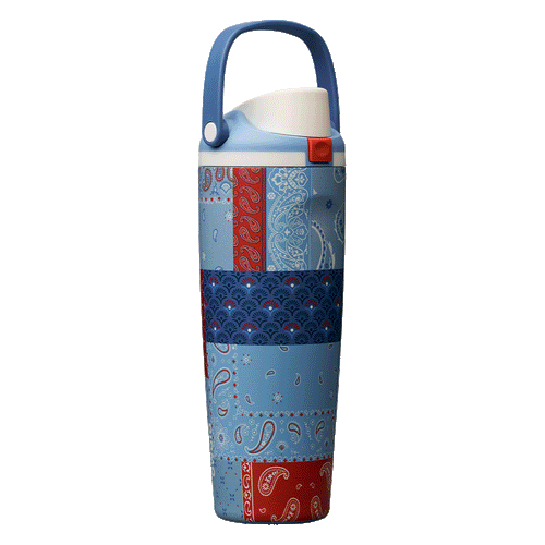 Rotating view of Common Threads Bottle Boot, patchwork quilted design in blue, red, and white bandana-style panels with a blue carry loop