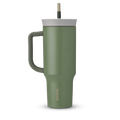 40oz Tumbler in Green House, deep olive green insulated tumbler with darker olive handle, pale grey lid, and tan straw