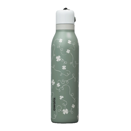 Owala RS: Clover Achiever FreeSip Twist 24oz bottle in sage green with subtle white four-leaf clover pattern; white twist-off lid; animated 360-degree spin view